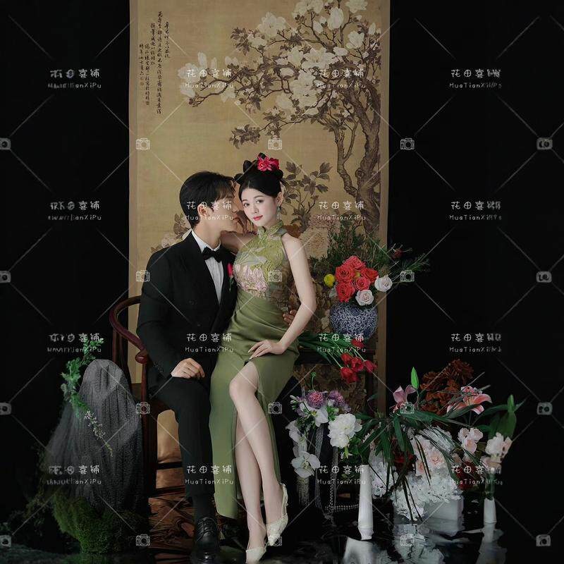 影楼新中式国风改良旗袍绿色晨袍新娘外拍结婚订婚设计感挂脖礼服