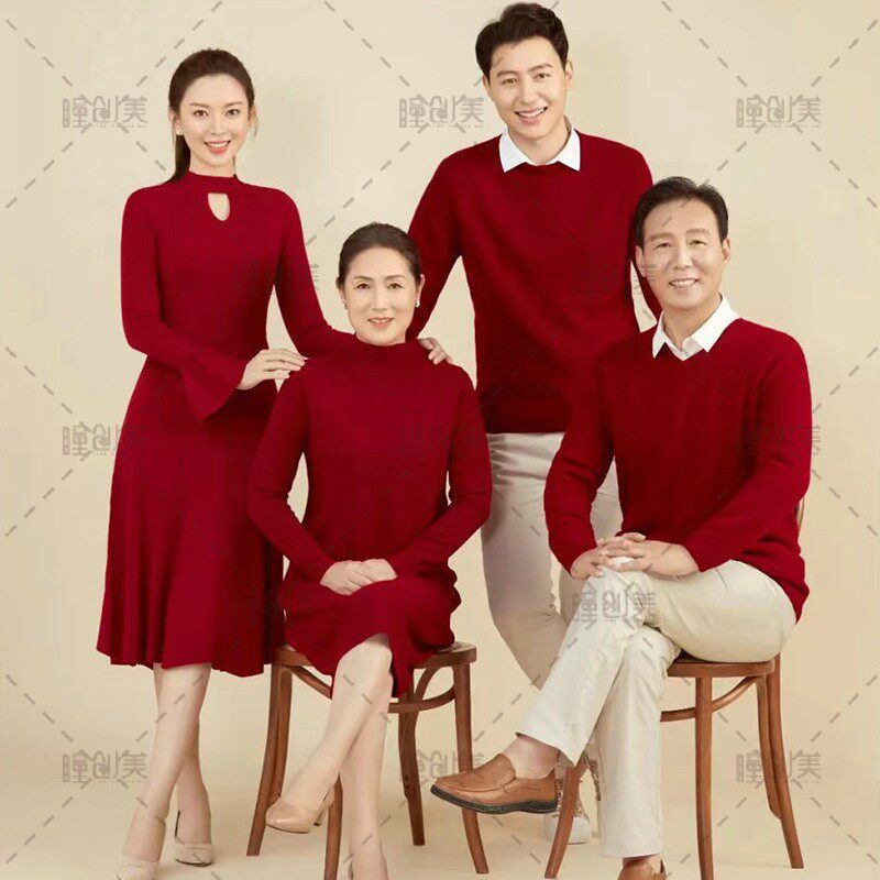 新款影楼主题红色新年喜庆毛衣一家六口全家福亲子装拍照摄影服装