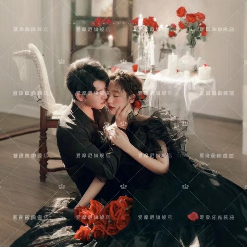 影楼主题婚纱复古风新款抹胸摄影时尚黑法式金轻奢蓬蓬裙拍照礼服