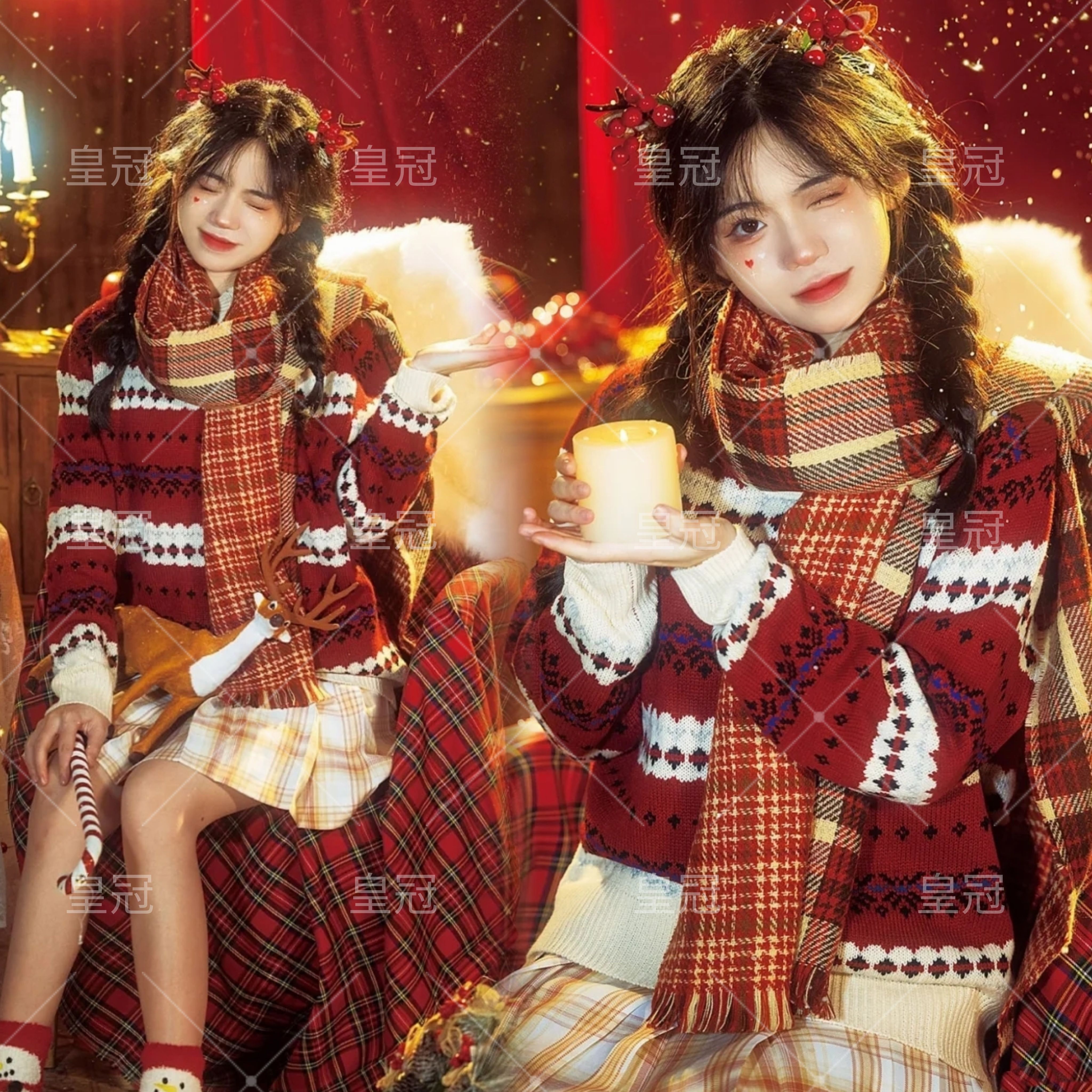 影楼新款秋冬款圣诞节氛围感写真毛衣少女艺术照新年主题摄影服装