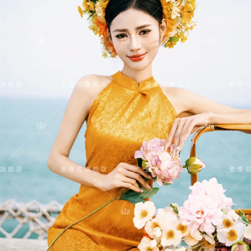 新款泉州浔埔女簪花服装海边簪花黄色旗袍外景旅拍写真拍照服饰