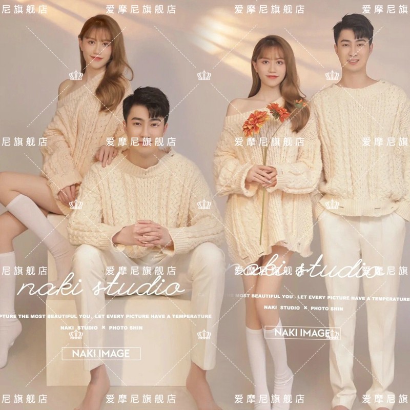 秋冬款韩系ins甜美婚纱照毛衣情侣装写真白色毛衣影楼主题拍摄服