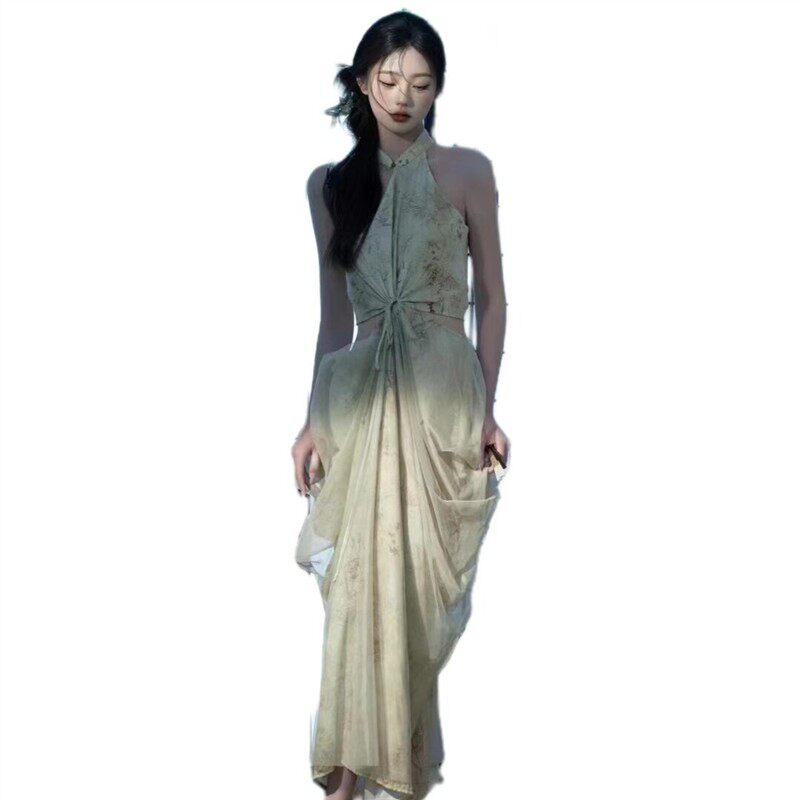 照相馆新中式国风挂颈旗袍洋装复古水墨画清冷感艺术拍照写真服装