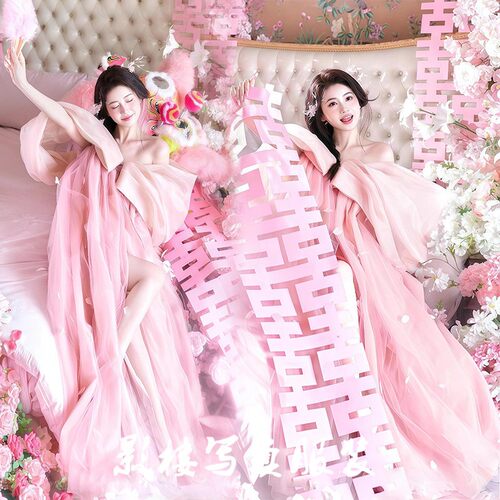 影楼新款晨袍甜美少女蝴蝶结粉色连衣裙喜嫁氛围感艺术照写真服饰