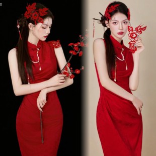 2025新款影楼新中式国风改良红色旗袍写真服装新娘晨袍订婚敬酒服