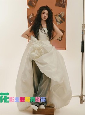 影楼拍照旅拍主题服装高级婚纱摄影情侣混搭抹胸白色前短后长礼服