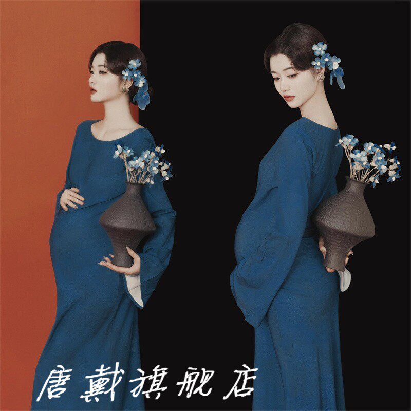 摄影新款法式御姐风情万种长裙高端精致超绝美孕妇蓝色连衣裙