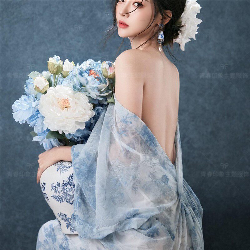 影楼复古禅意蓝色仙气中式新款连衣裙主题少女艺术照写真摄影服饰