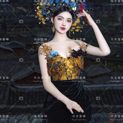 黑暗风系泉州浔埔村女簪花服装新中式丝绒洋装旅拍摄影写真服装