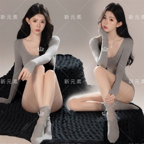照相馆新款韩系时尚灰色慵懒套装纯欲少女肖像照写真室内艺术照服