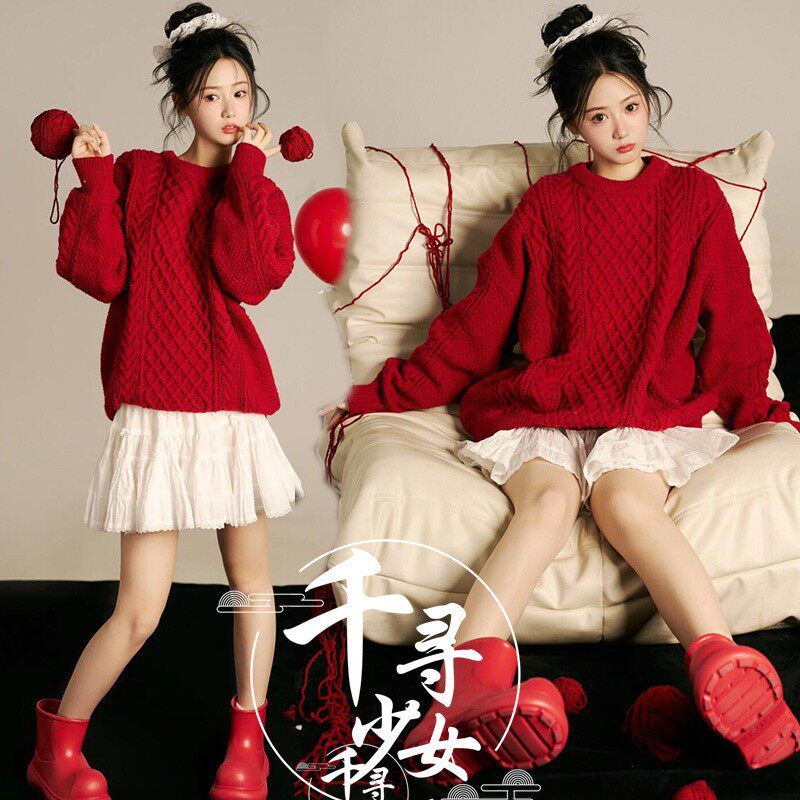 影楼秋冬新款圣诞写真可爱画报风少女新年红色毛衣肖像艺术照摄影