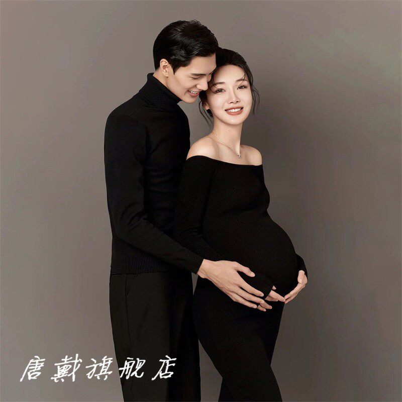 孕妇照服装影楼新款情侣主题黑色性感针织连衣裙孕妈艺术照摄影服