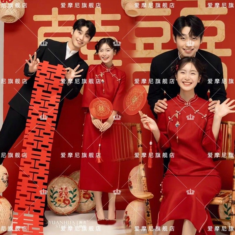新款影楼拍照服装新中式喜嫁可爱红色旗袍复古主题摄影敬酒礼服,男装,其他民族服装,淘宝优惠券,粉丝福利购,淘宝优惠卷