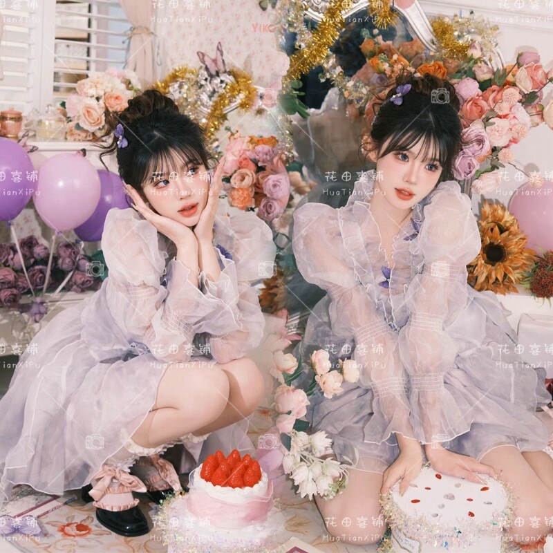 照相馆新款写真主题服装韩系公主风画报生日紫色洋装艺术照摄影服