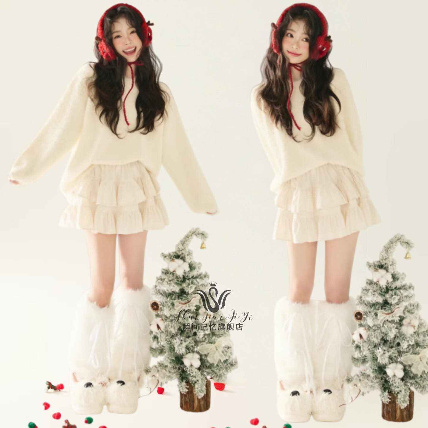 秋冬影楼圣诞节雪景拍照主题慵懒氛围感红色毛衣少女新年摄影服装