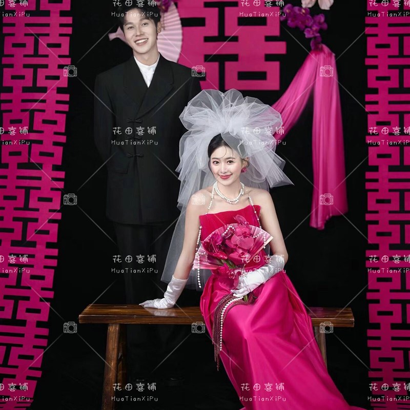玫红色新娘结婚敬酒服晨袍宴会演出主持人婚纱礼服抹胸新中式晨袍