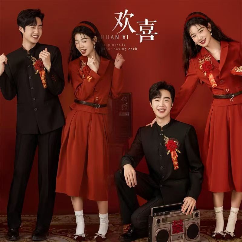 影楼中式复古港风敬酒服套装90年代婚纱照红色情侣装结婚写真礼服