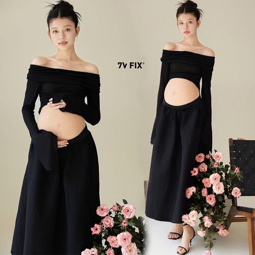影楼新款孕妇照服装室内简约风高级感孕妈大肚照黑色连衣裙在家拍