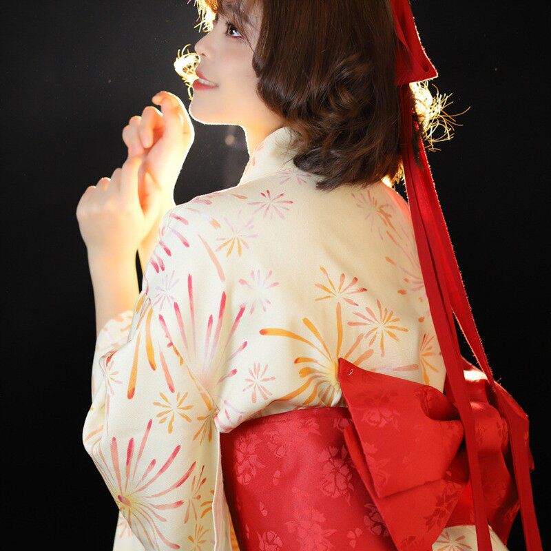 日式改良少女和服 鹅黄烟花浴衣搭配写真服装出租 连衣裙