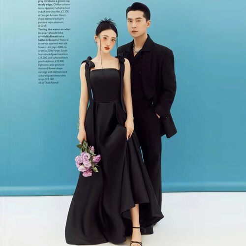 影楼拍照情侣主题服装婚纱摄影森系黑色缎面吊带简约复古赫本礼服