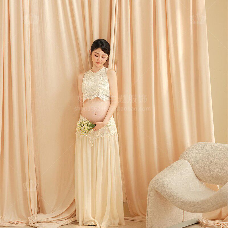 孕妇装法式浪漫风蕾丝镂空无袖套装绝美度假长裙