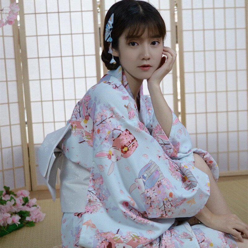 文艺粉色桃花祈愿兔可爱少女日系改良和服党妹同款日式和风浴衣服