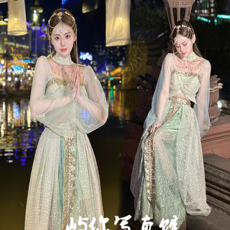 新款异域风西双版纳旅拍爆款浅绿色西域公主人鱼个人拍照民族服装