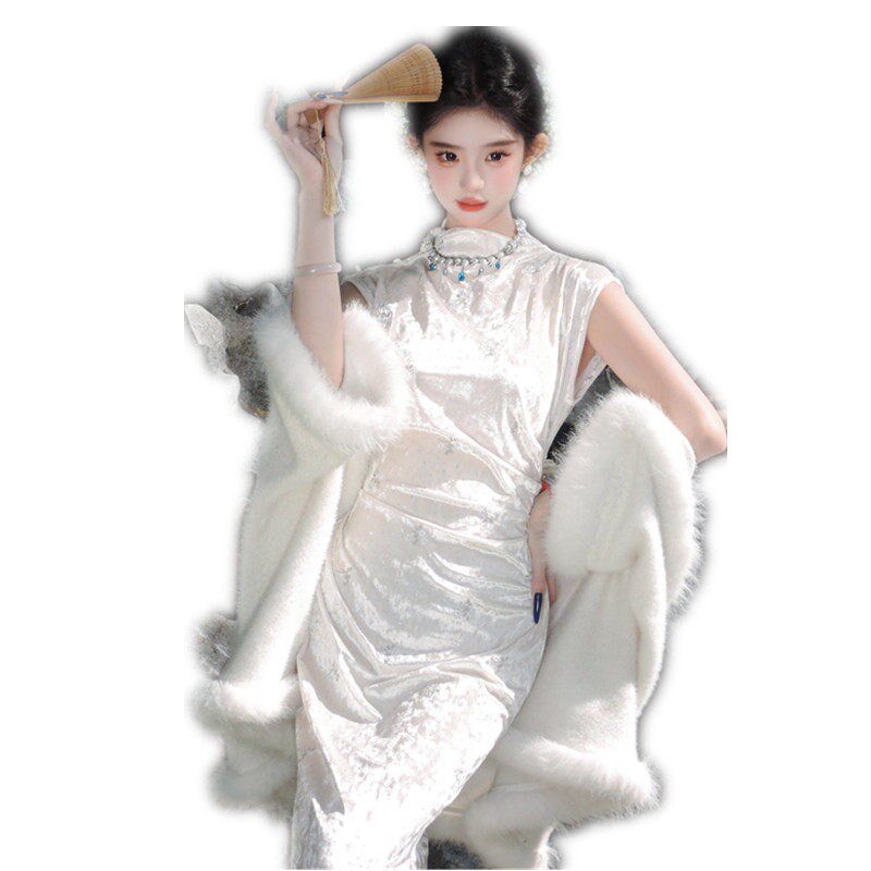 影楼新中式白色刺绣旗袍女复古清冷高级感民国风氛围写真摄影服装