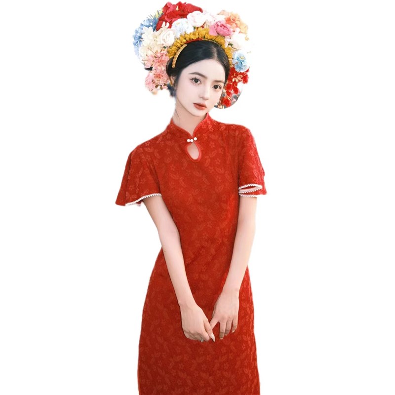 新款女簪花写真主题红色旗袍个性复古民族风外景旅拍艺术照摄影服