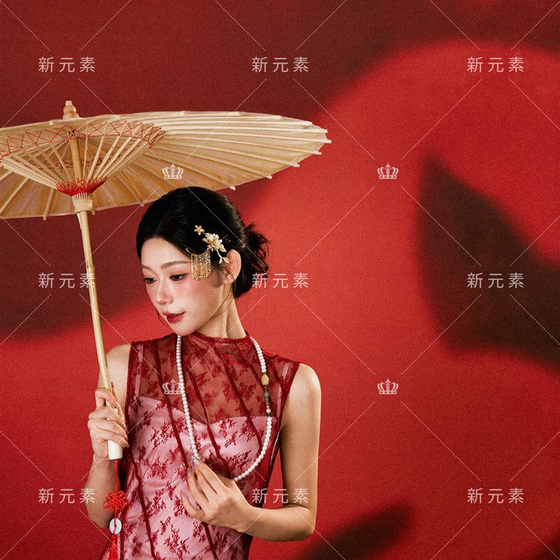 影楼新中式国风复古蕾丝鱼尾裙女订婚红色敬酒服高级感摄影礼服裙