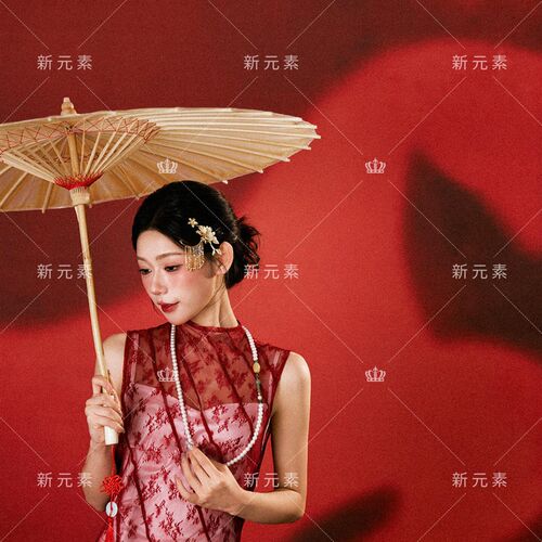 影楼新中式国风复古蕾丝鱼尾裙女订婚红色敬酒服高级感摄影礼服裙