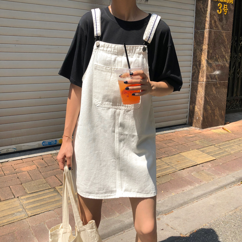韩版2018夏季新款宽松显瘦牛仔背带裙学院风中长款休闲百搭连衣裙