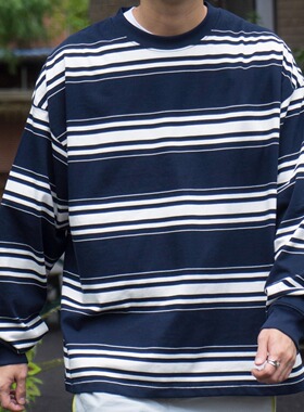 LABSTORE 秋冬重磅蓝白条纹长袖 日系休闲百搭潮流T恤男Cityboy