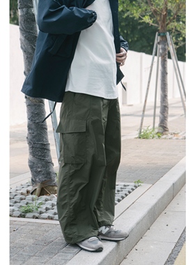 LABSTORE轻薄面料军绿色细格纹气球裤工装阔腿长裤日系超宽松