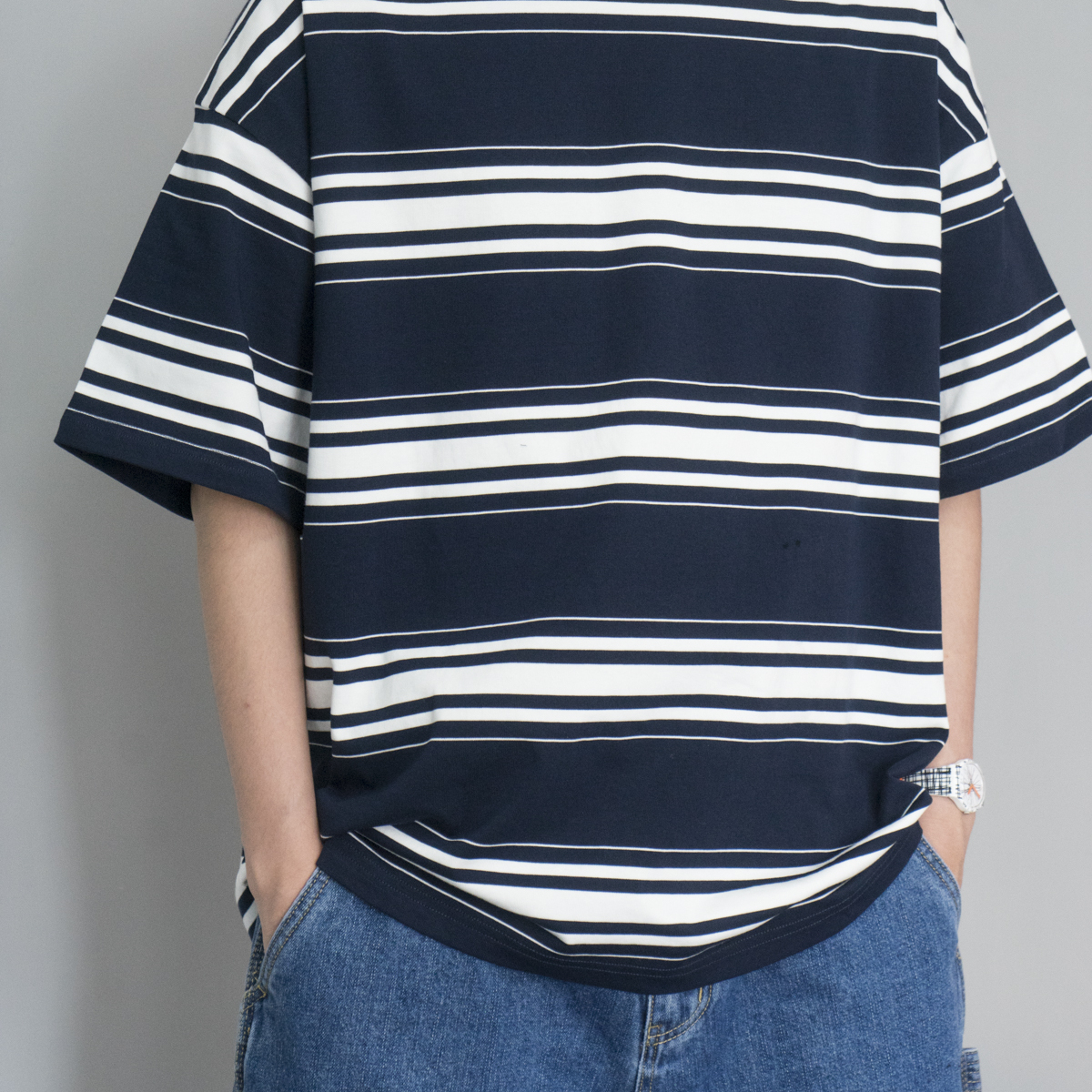 LABSTORE 290g重磅面料宽松藏青条纹圆领短袖tee恤落肩日系基础款