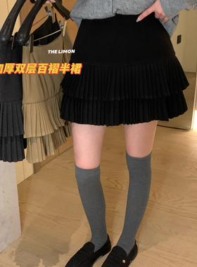 柠檬绿茶-迷失里尔复古双层百搭毛呢高腰显瘦百褶半身裙TM-1266