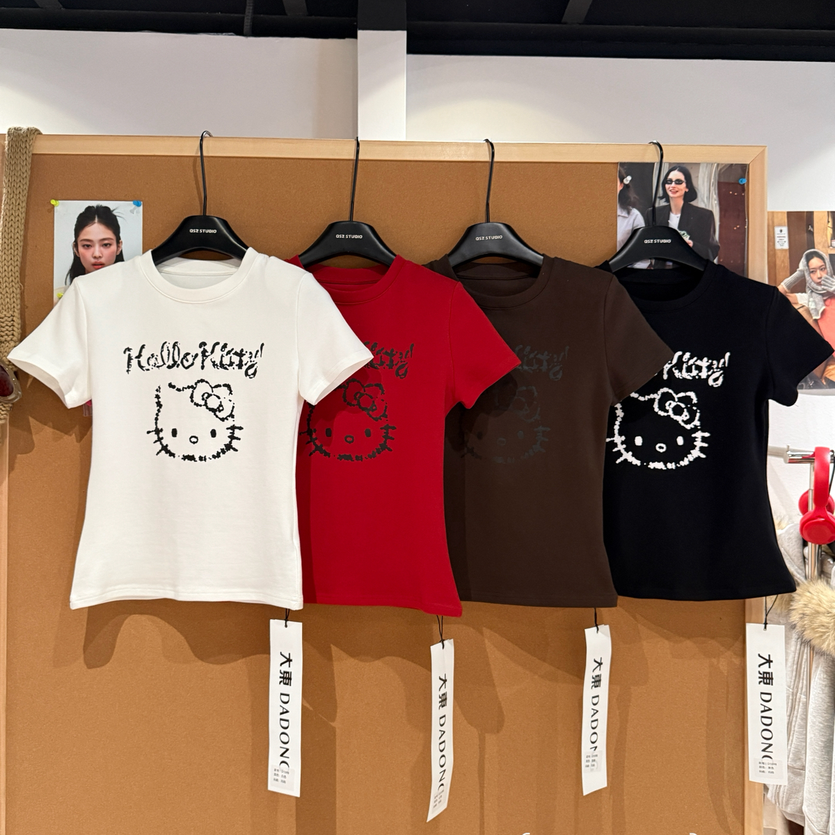 大東DADONG-新美式复古印花kitty凯蒂猫正肩双面加厚短袖T恤D1598