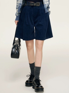 LILLOU灯芯绒短裤女2025秋季新款高腰显瘦阔腿裤小个子百搭