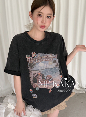 ME KAKAMEE-夏新品海岛黑皮KT喷画水洗炒纱宽松大版短袖T恤S3982