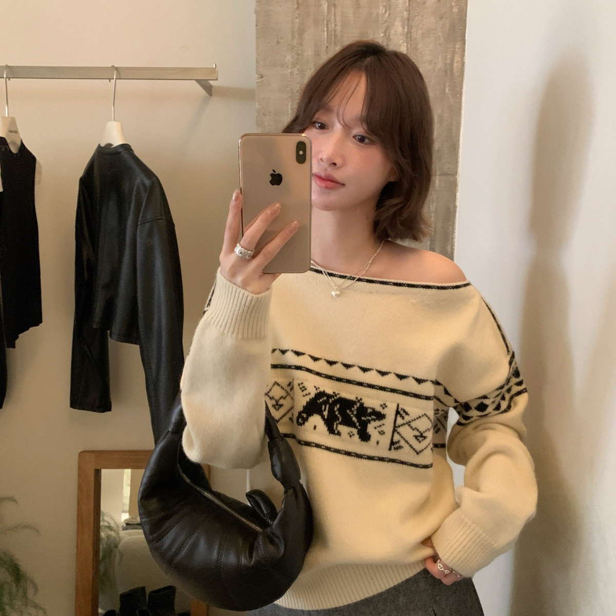 IMISS-冬上新圣诞款两穿复古提花斜肩保暖毛衣H991329