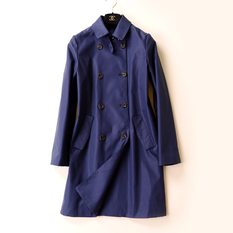 22秋春季新款经典复古款双排扣棉涤中长款风衣薄外套简约女藏青色