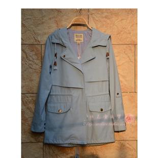 纯棉休闲中短款女单外套风衣连帽纯色抽绳棉浅蓝粉色袖子可卷