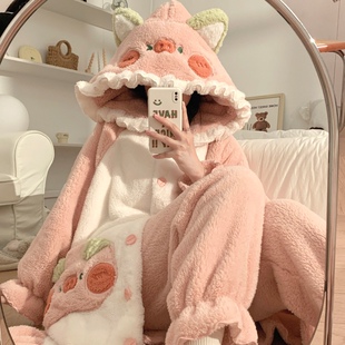 秋冬睡衣女长毛绒连体带帽可爱卡通猪猪睡袍加厚保暖家居服学生