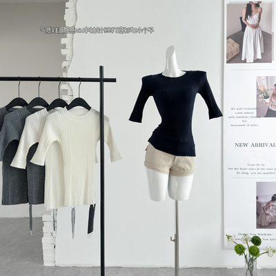 famouswang春季新款气质挂高智感miu中袖针织打底衫女小个子