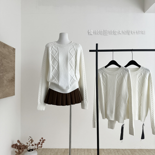 BZXO米白色麻花毛衣女秋冬2025新款慵懒感圆领套头加厚针织衫上衣