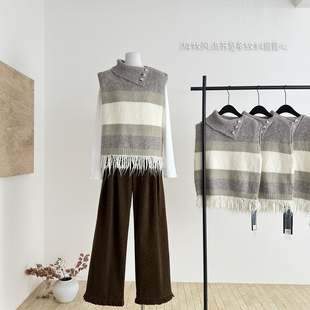 你好卡农 游牧风流苏宽条纹斜肩背心女秋冬2025新款软糯套头毛衣