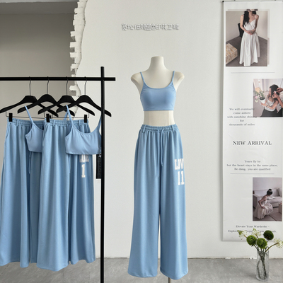 韩好甜WARDEN EDGE晴空蓝调 蓝色印花卫裤女夏宽松低腰阔腿休闲裤