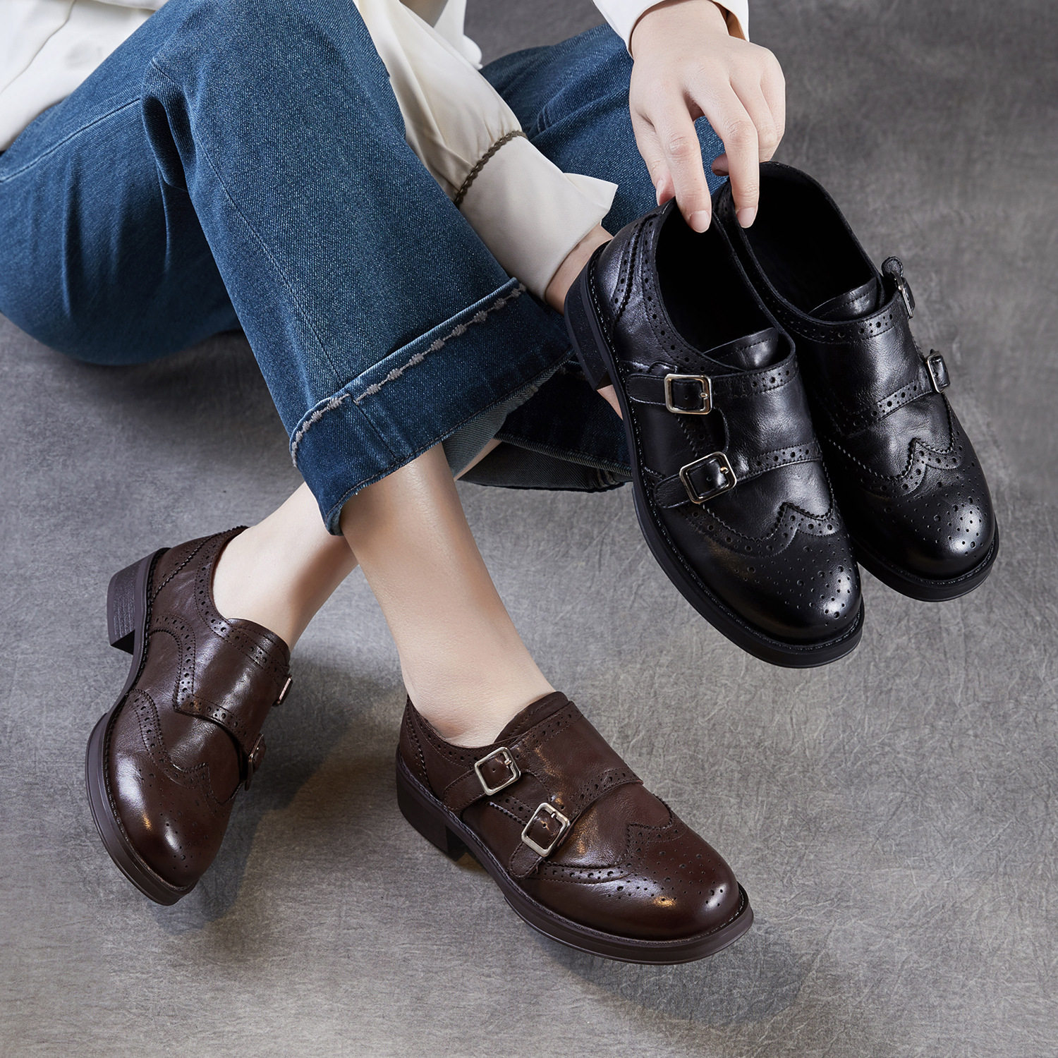 轻奢真皮布洛克雕花小皮鞋女2026春新款复古单鞋英伦皮带扣乐福鞋,女鞋,乐福鞋（豆豆鞋）,淘宝优惠券,粉丝福利购,淘宝优惠卷