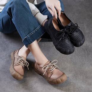 复古真皮手工编织单鞋2026新款系带女式休闲鞋子头层牛皮平底女鞋