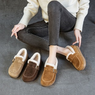 保暖女单鞋 平底一脚蹬平跟软底毛毛鞋 加绒勃肯鞋 头层牛皮秋冬新款